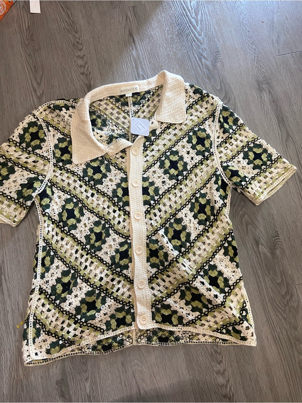 Crochet Polo Button-Down Shirt in Cream and Olive Green